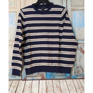 14th & Union Mens Size Large Navy Sand Duo Striped Crew Neck Pullover Sweater